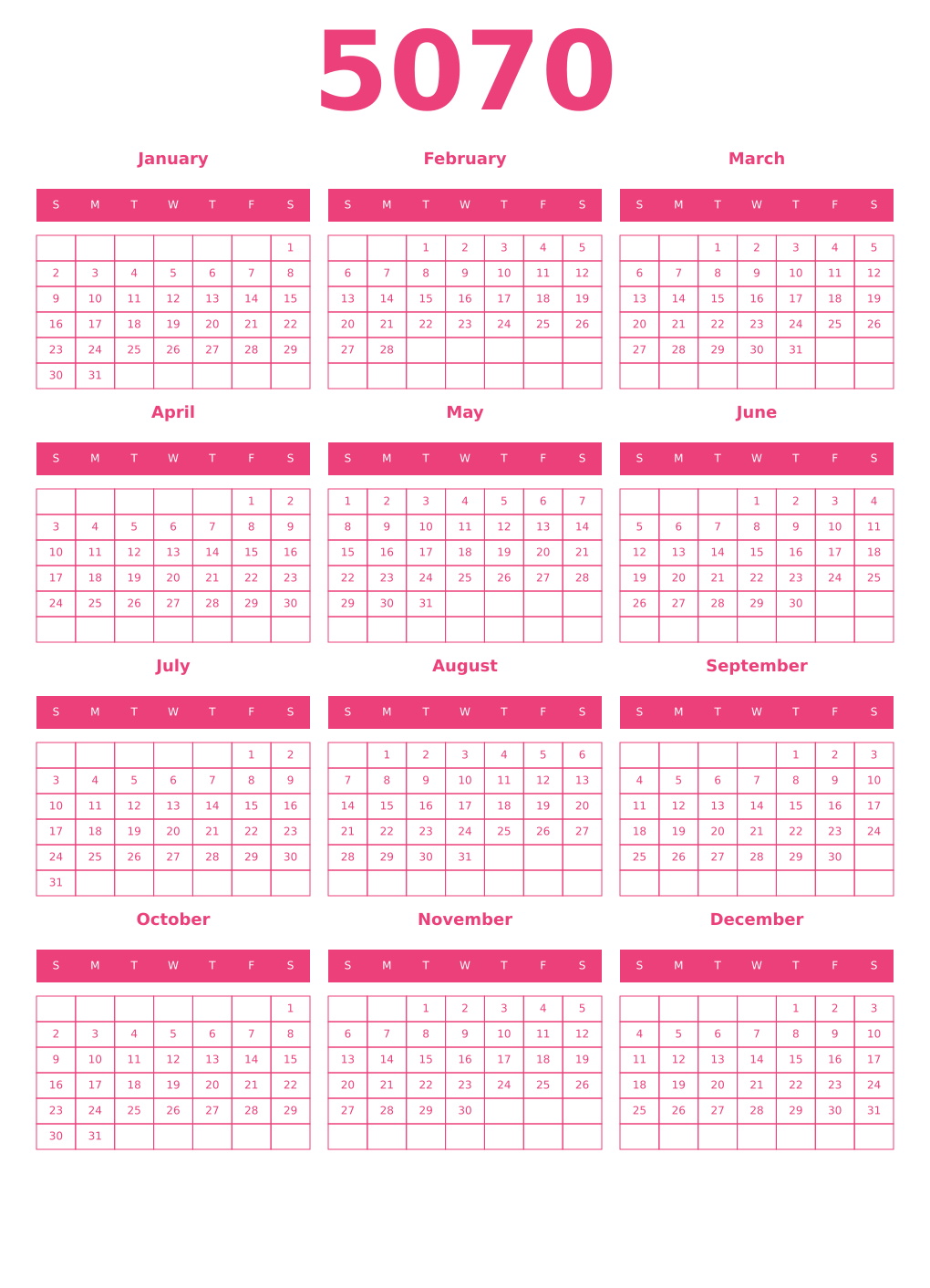 Printable 5070 Year Calendars pink