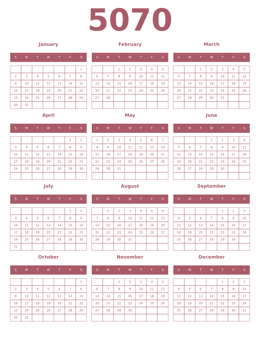 Printable 5070 Year Calendars puce