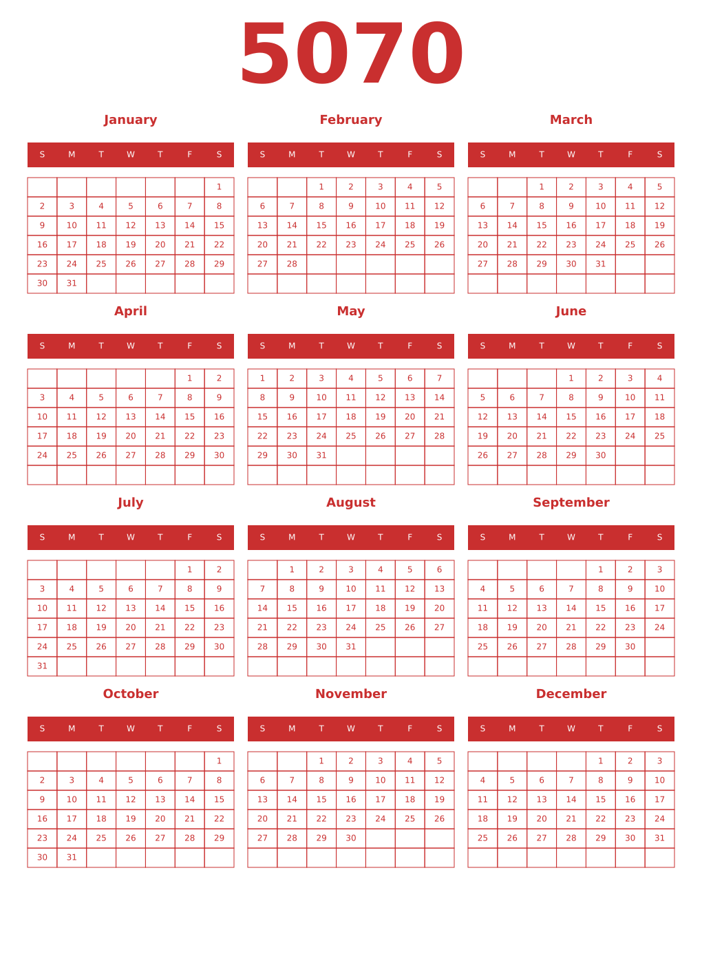 Printable 5070 Year Calendars red