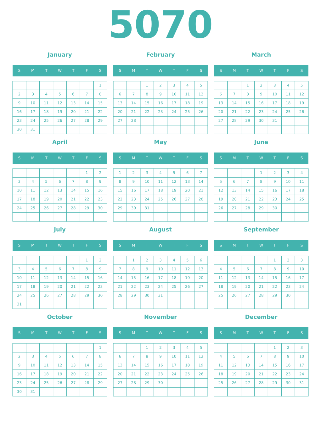 Printable 5070 Year Calendars verdigris