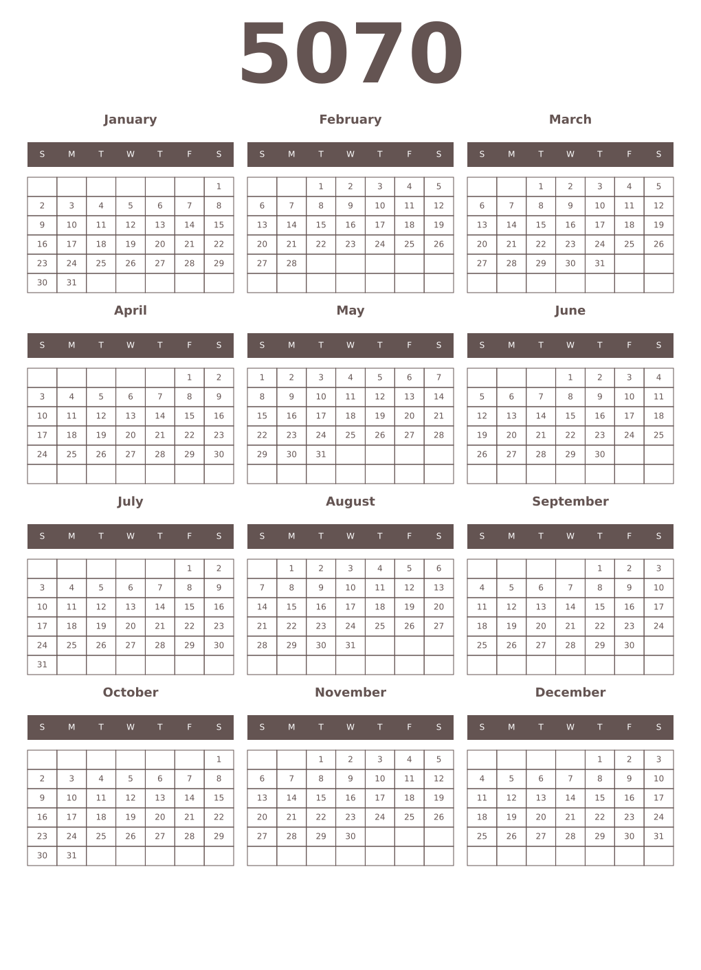 Printable 5070 Year Calendars wenge