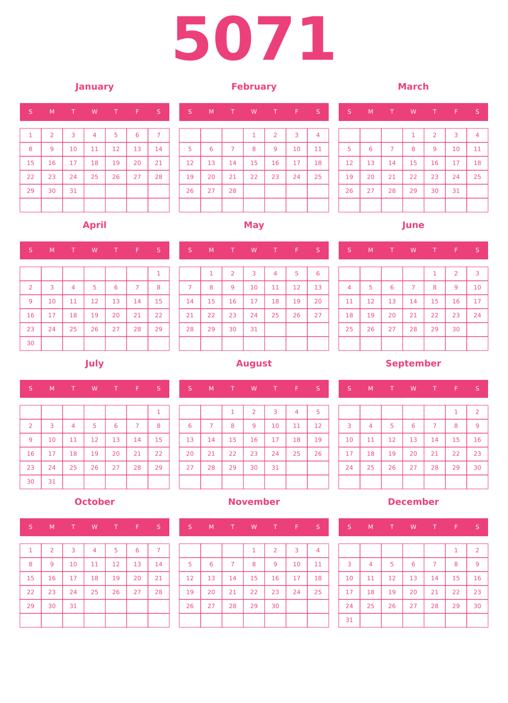 Printable 5071 Year Calendars pink