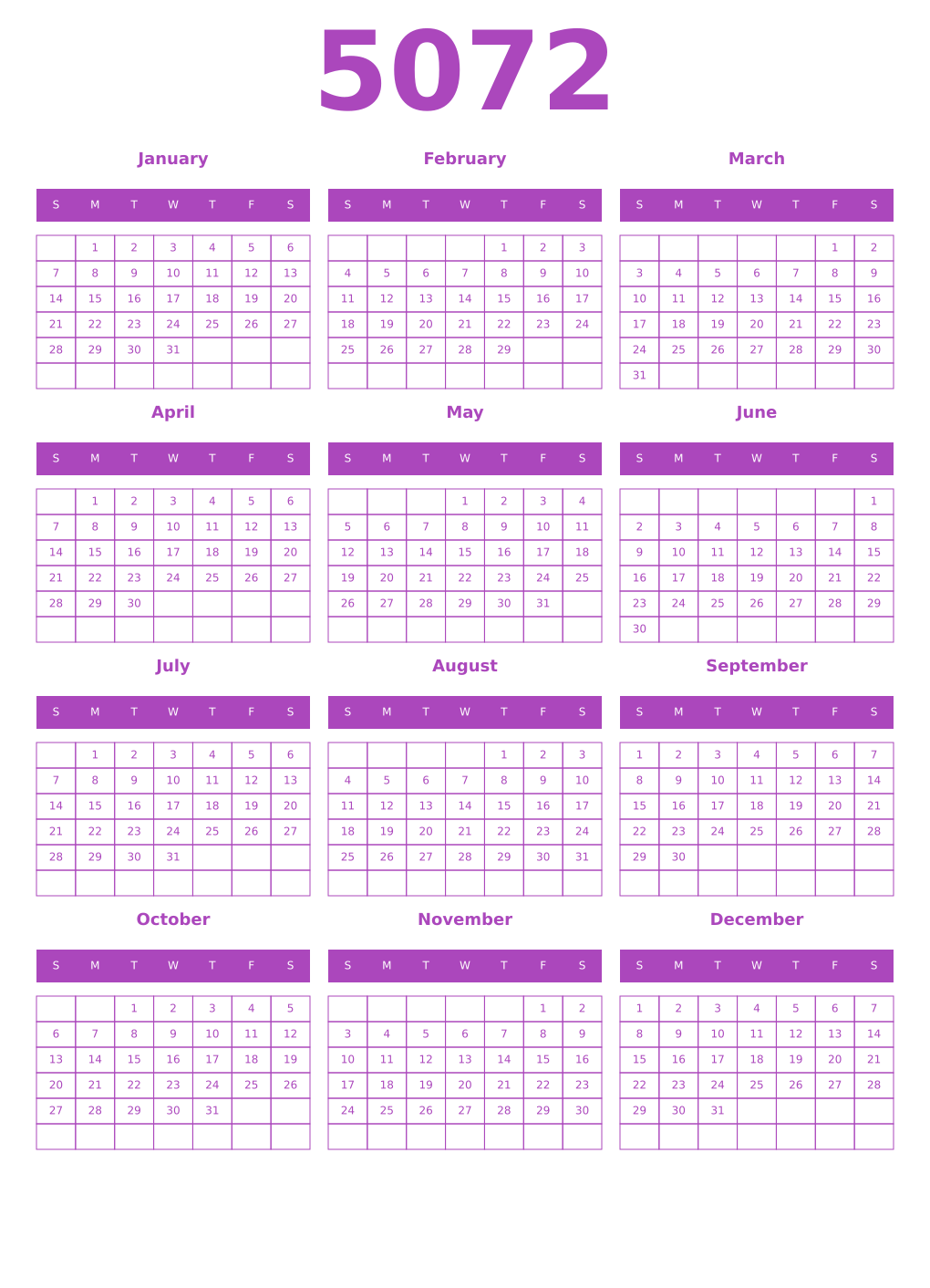 Printable 5072 Year Calendars purple