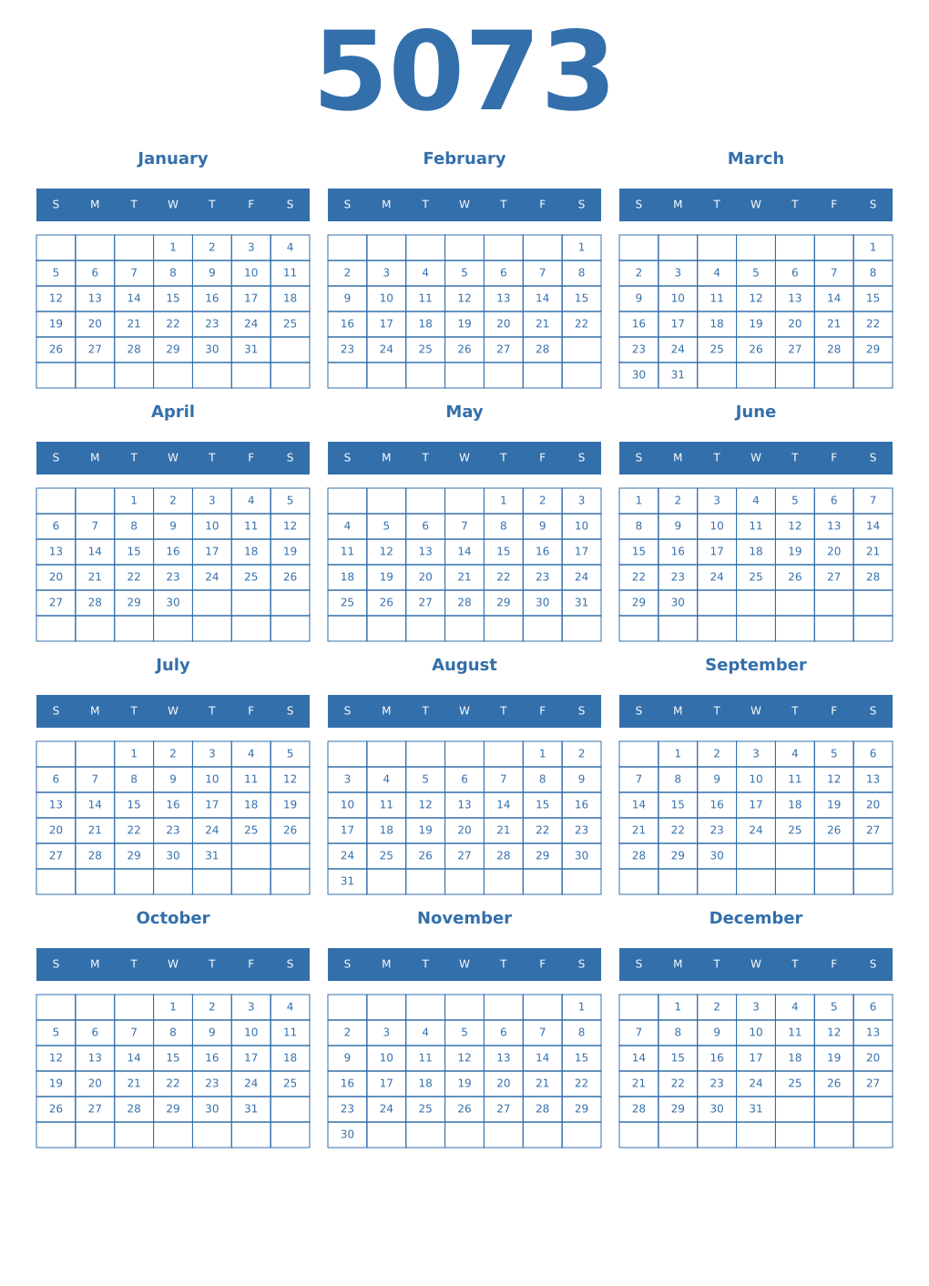 Printable 5073 Year Calendars blue