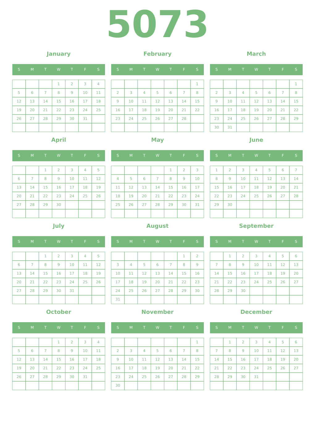 Printable 5073 Year Calendars celadon