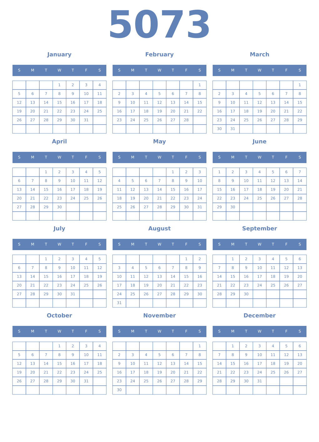 Printable 5073 Year Calendars glaucous