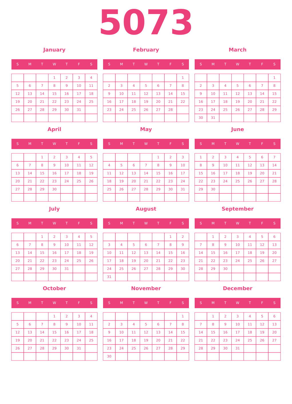 Printable 5073 Year Calendars pink