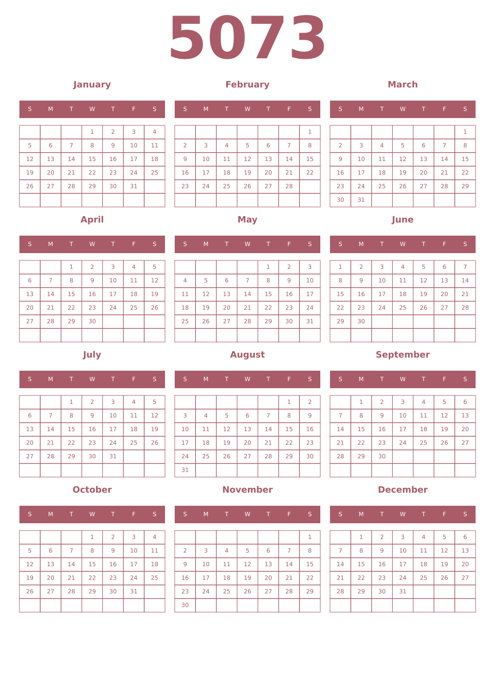 Printable 5073 Year Calendars puce