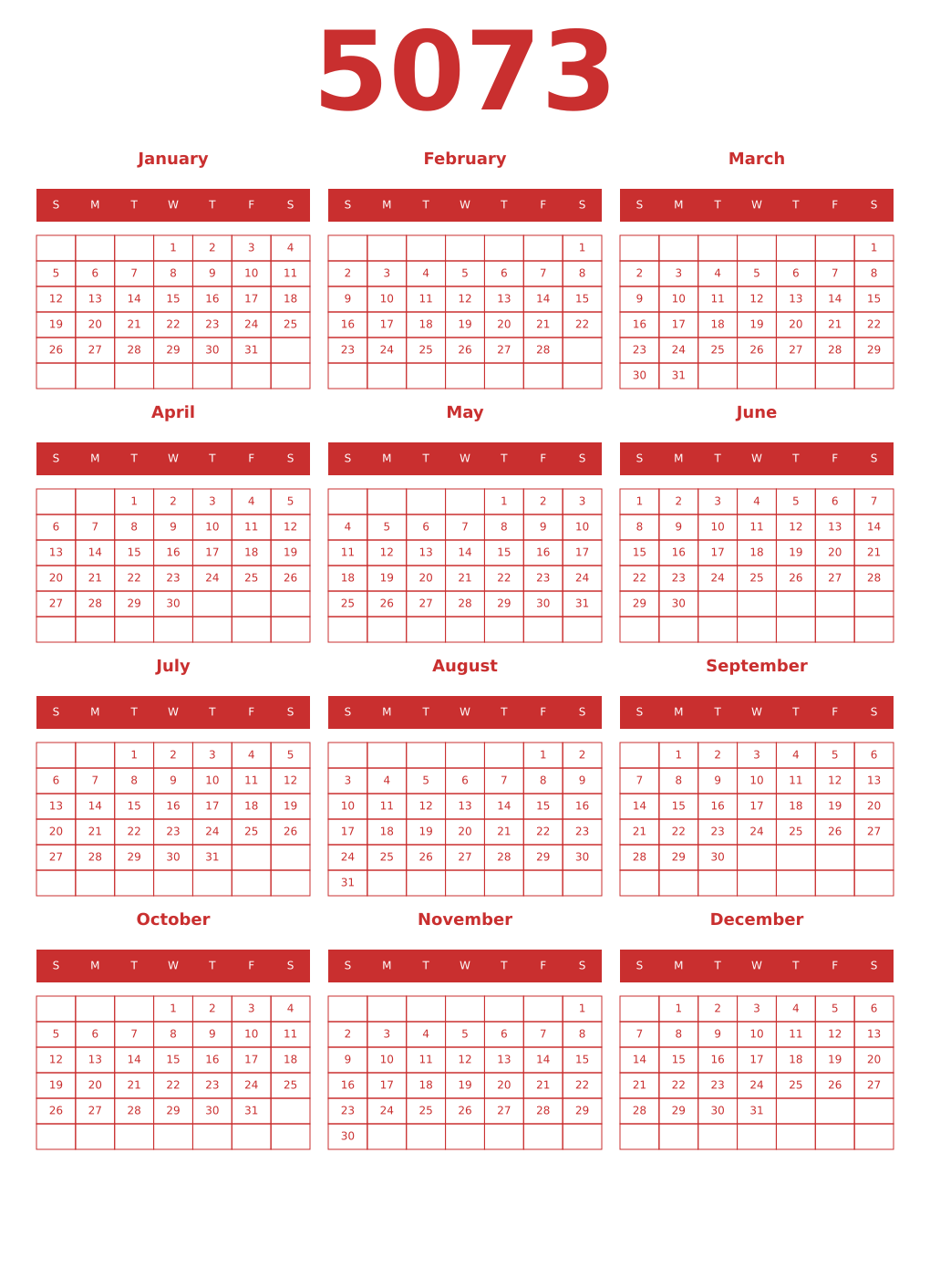 Printable 5073 Year Calendars red