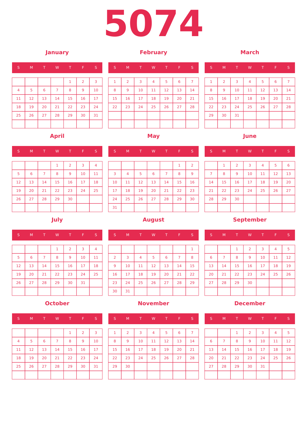 Printable 5074 Year Calendars amaranth