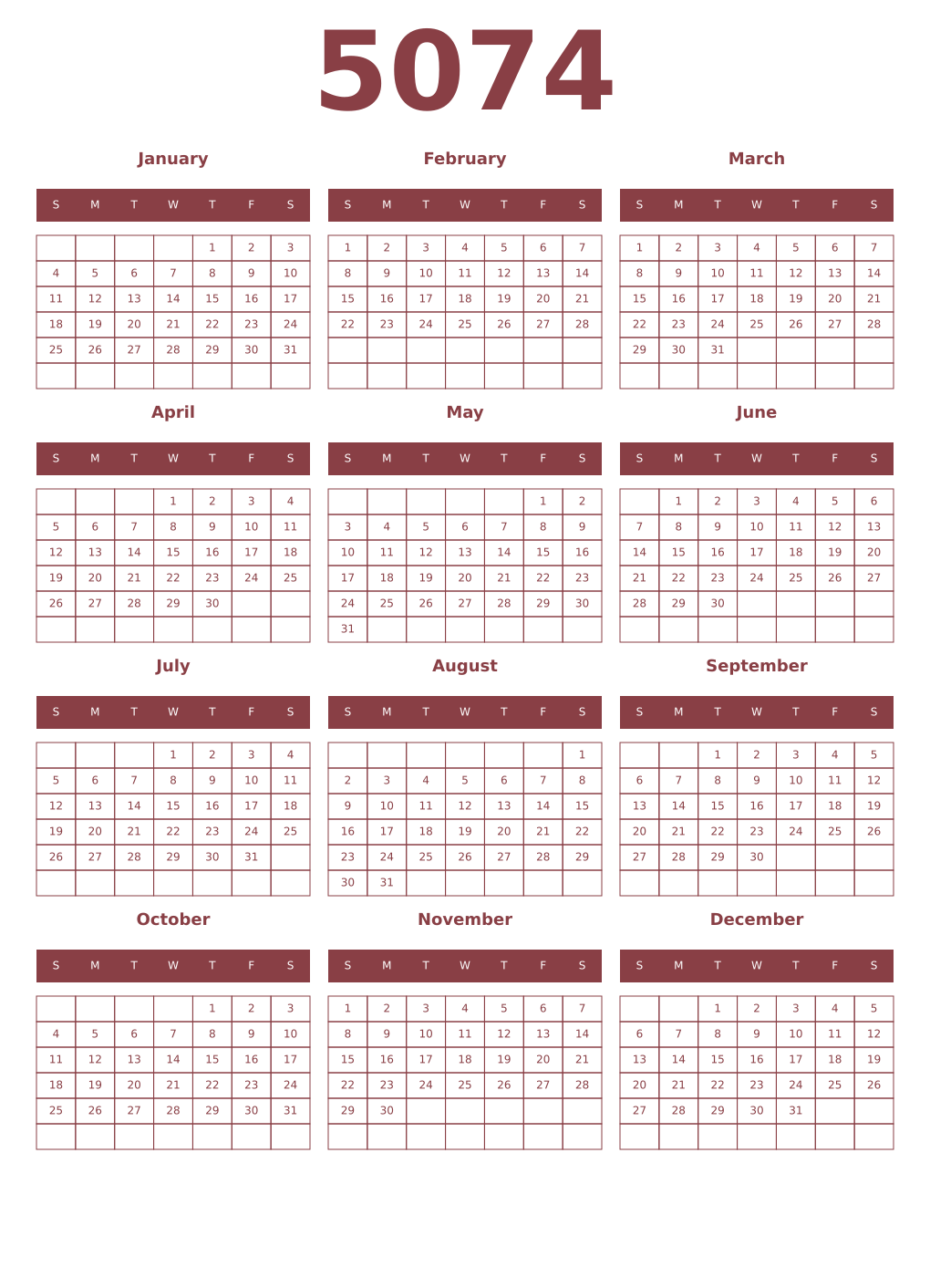 Printable 5074 Year Calendars cordovan