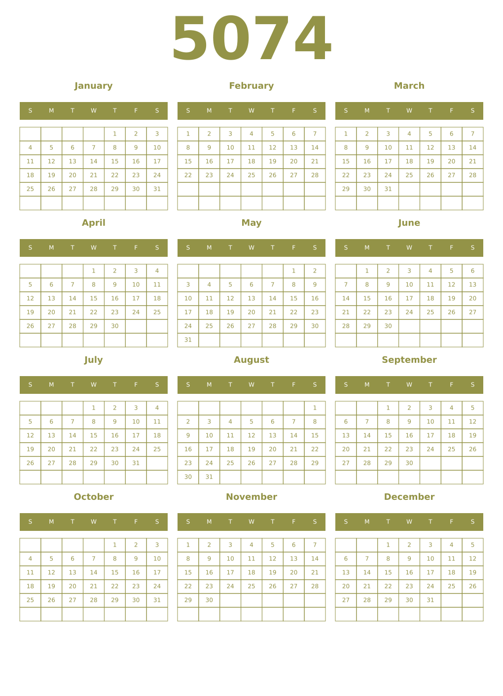 Printable 5074 Year Calendars eburnean