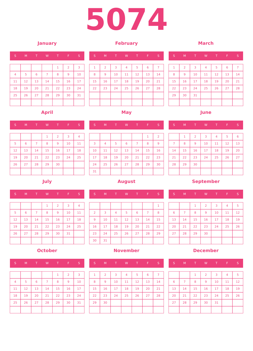 Printable 5074 Year Calendars pink