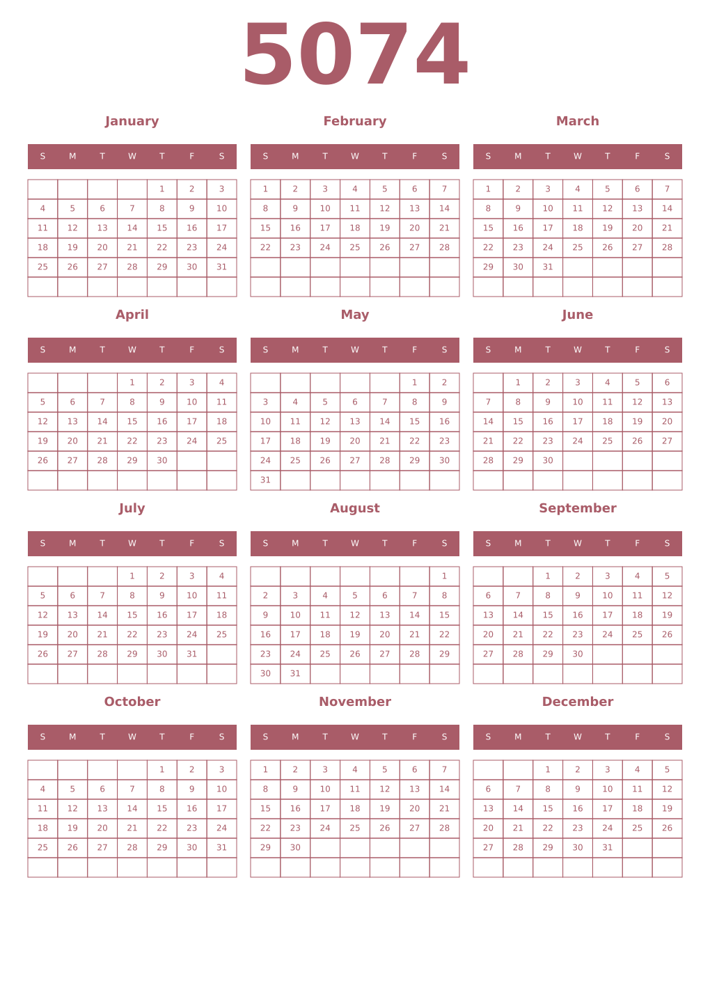 Printable 5074 Year Calendars puce