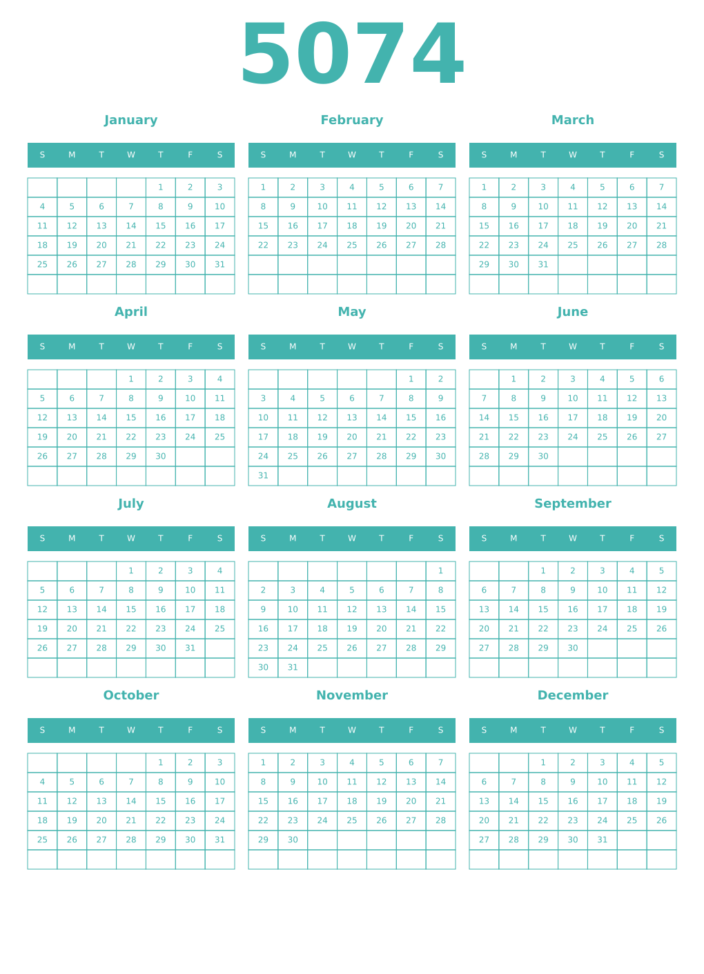 Printable 5074 Year Calendars verdigris