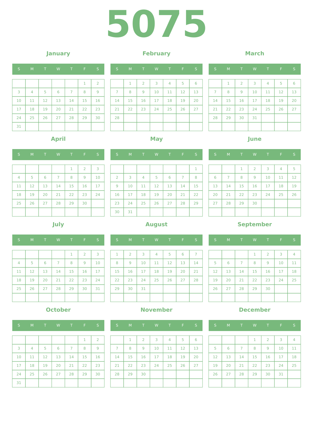 Printable 5075 Year Calendars celadon