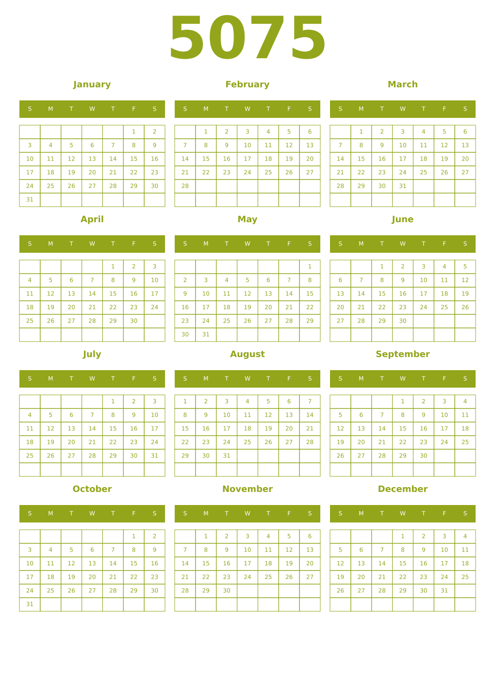 Printable 5075 Year Calendars chartreuse