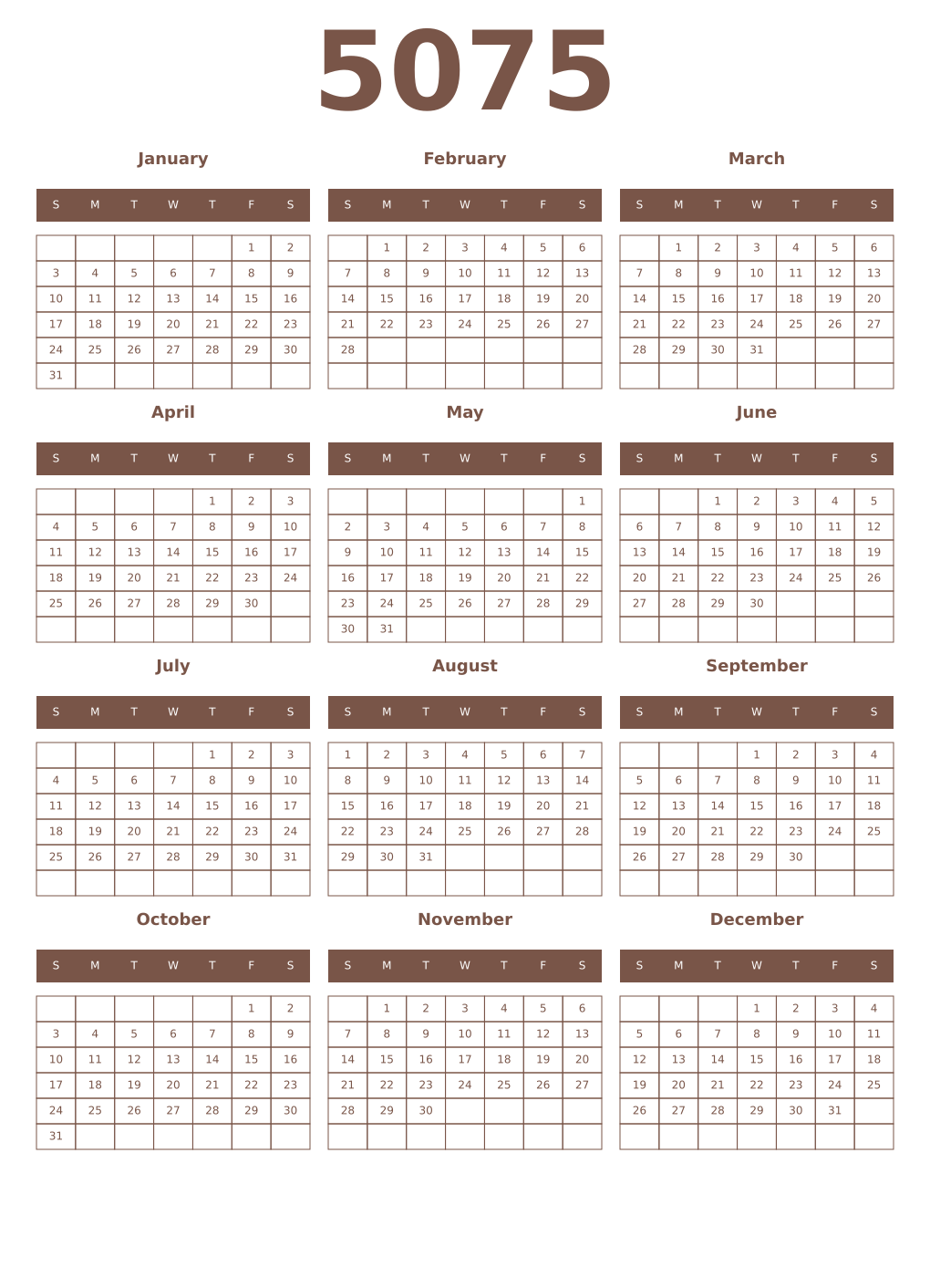 Printable 5075 Year Calendars coffe