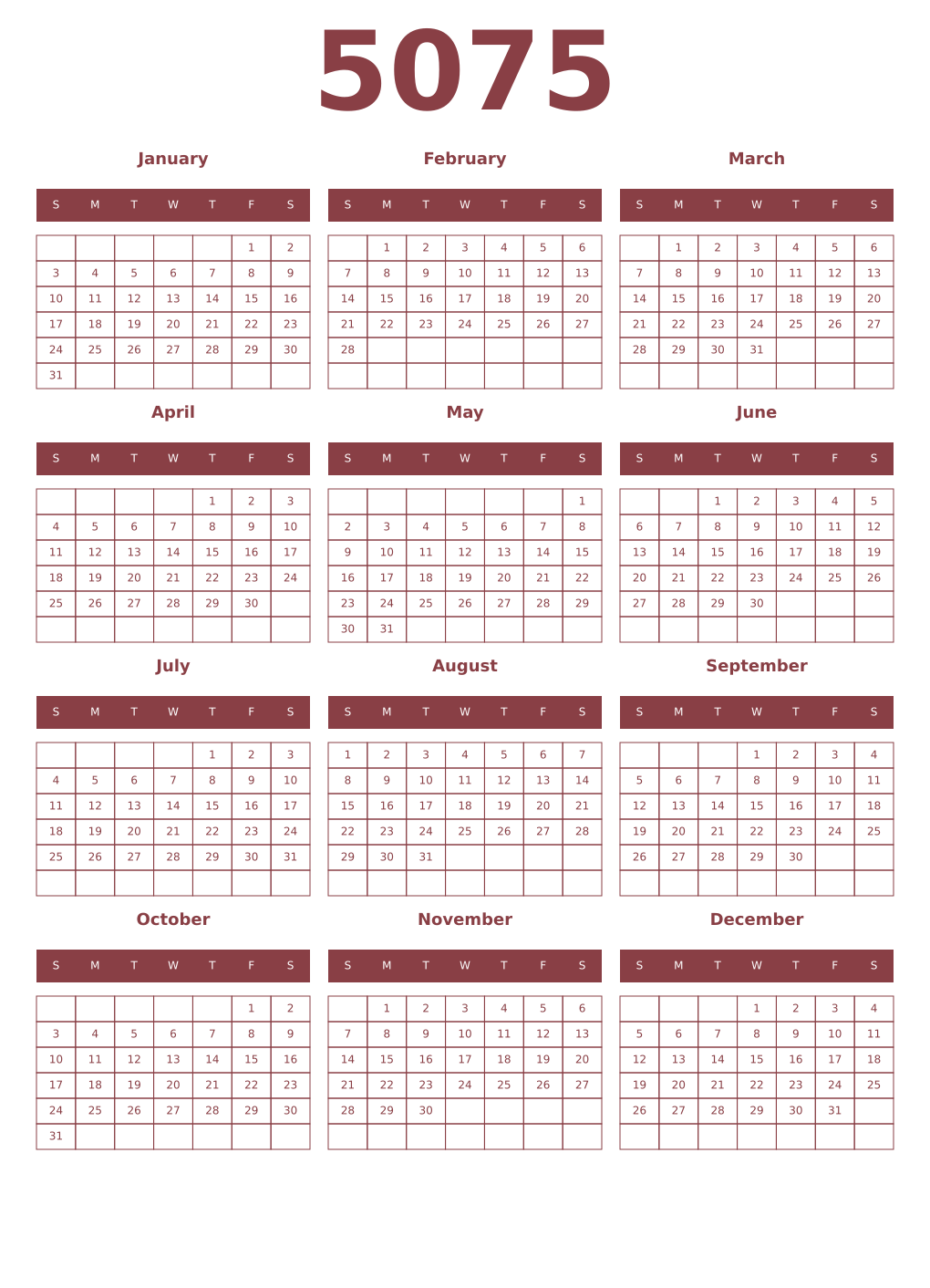 Printable 5075 Year Calendars cordovan
