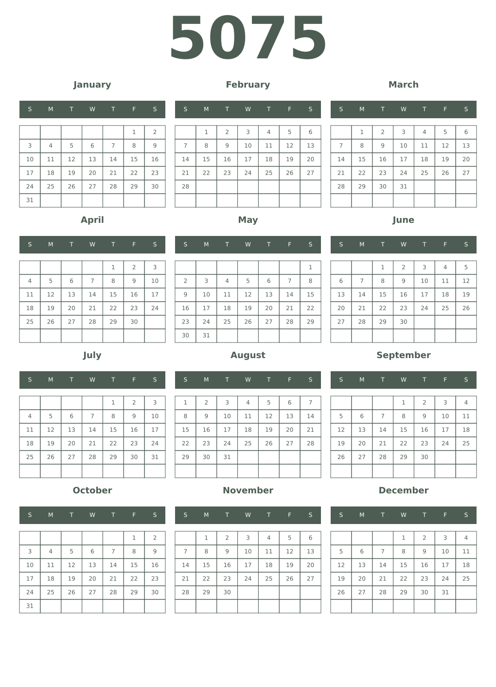 Printable 5075 Year Calendars feldgrau