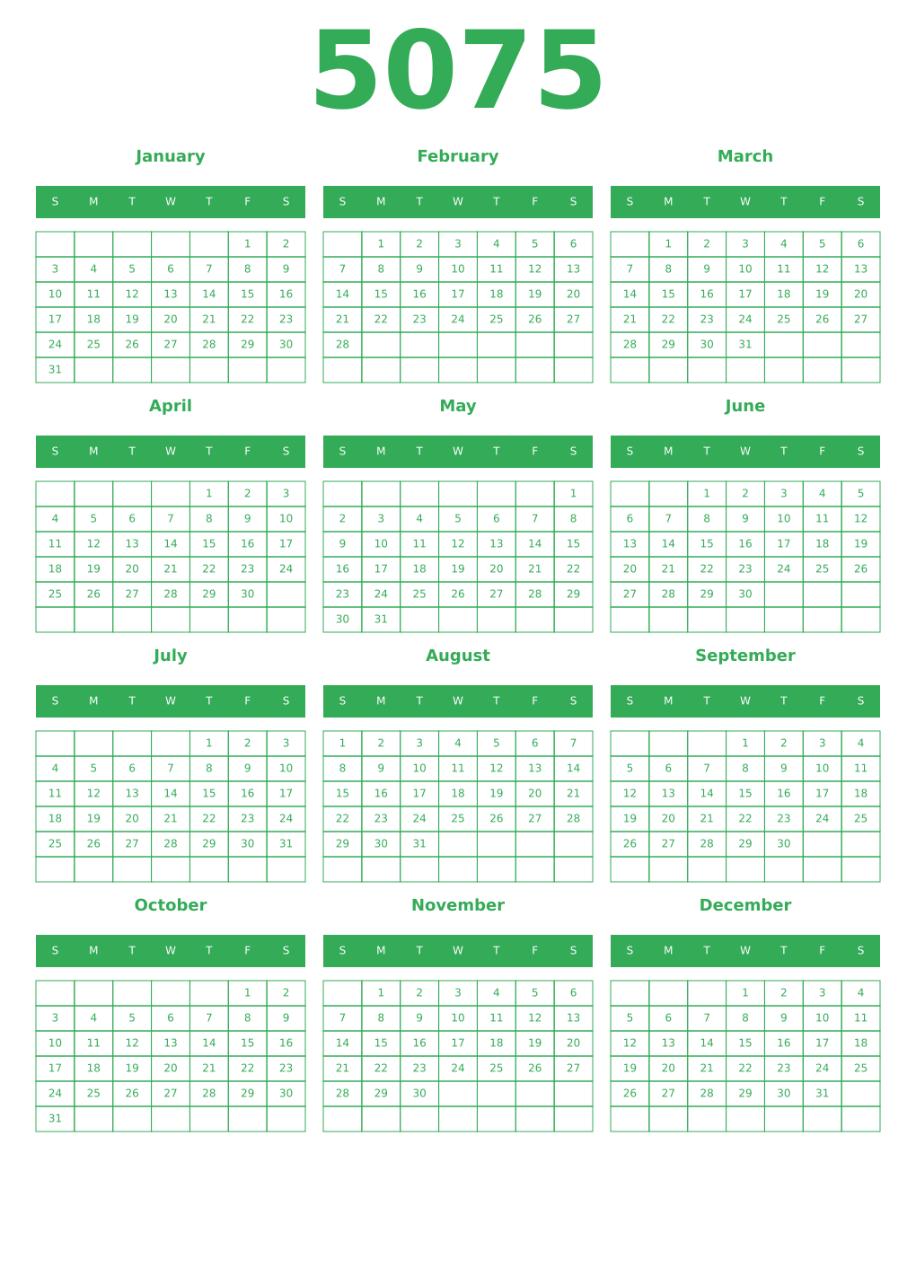Printable 5075 Year Calendars green