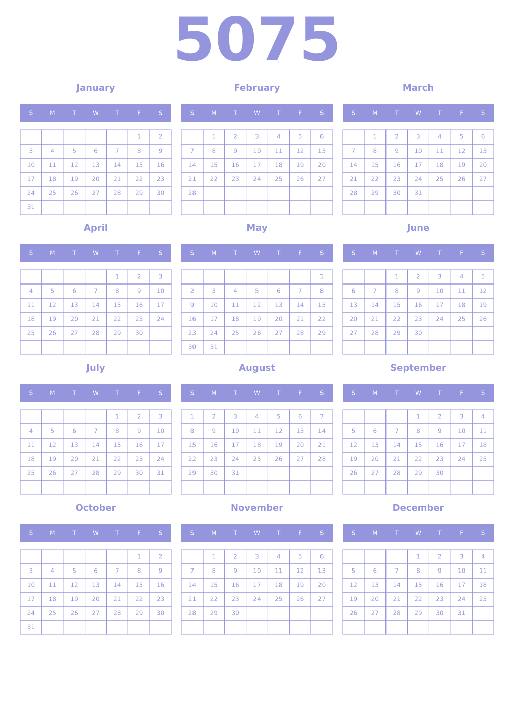 Printable 5075 Year Calendars periwinkle