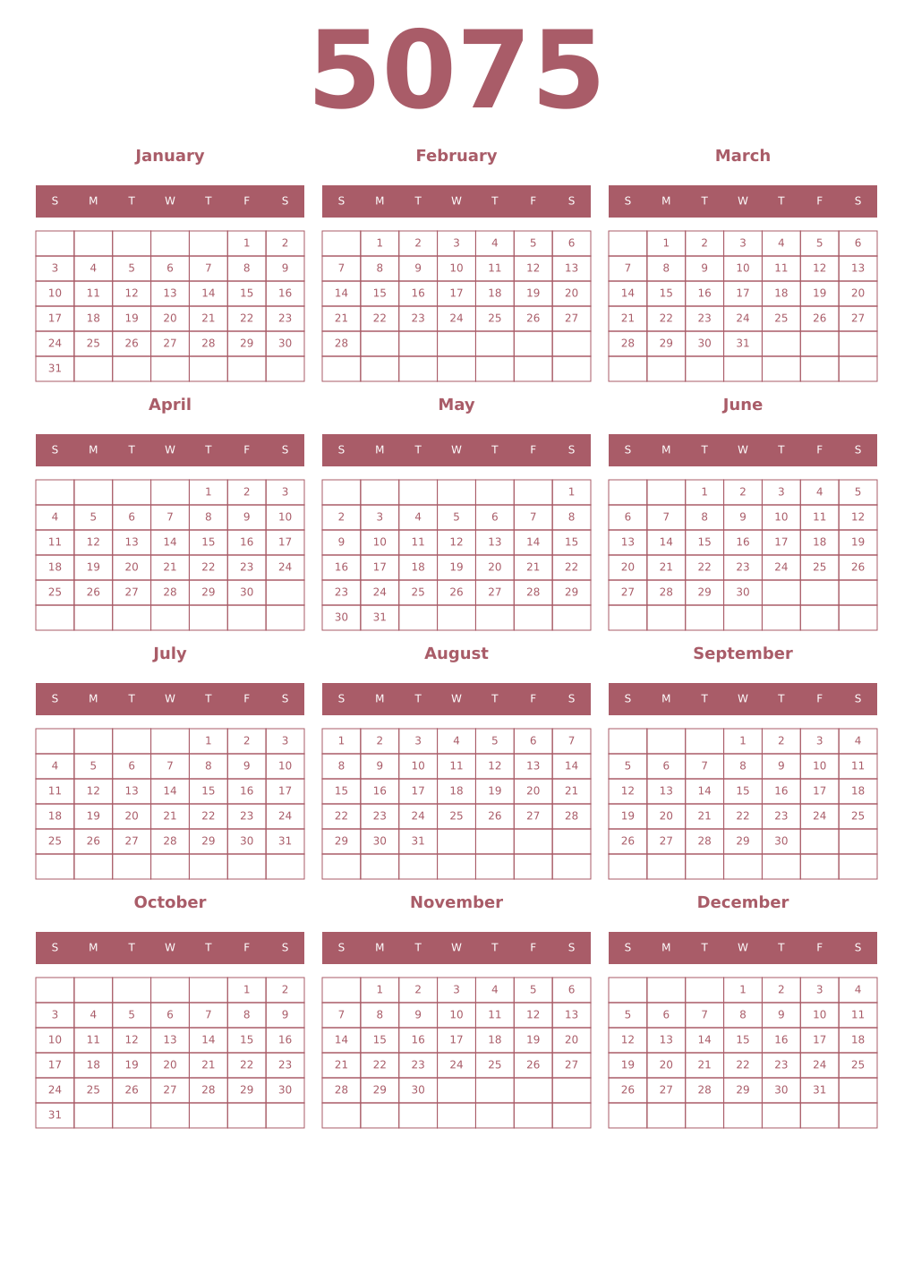 Printable 5075 Year Calendars puce