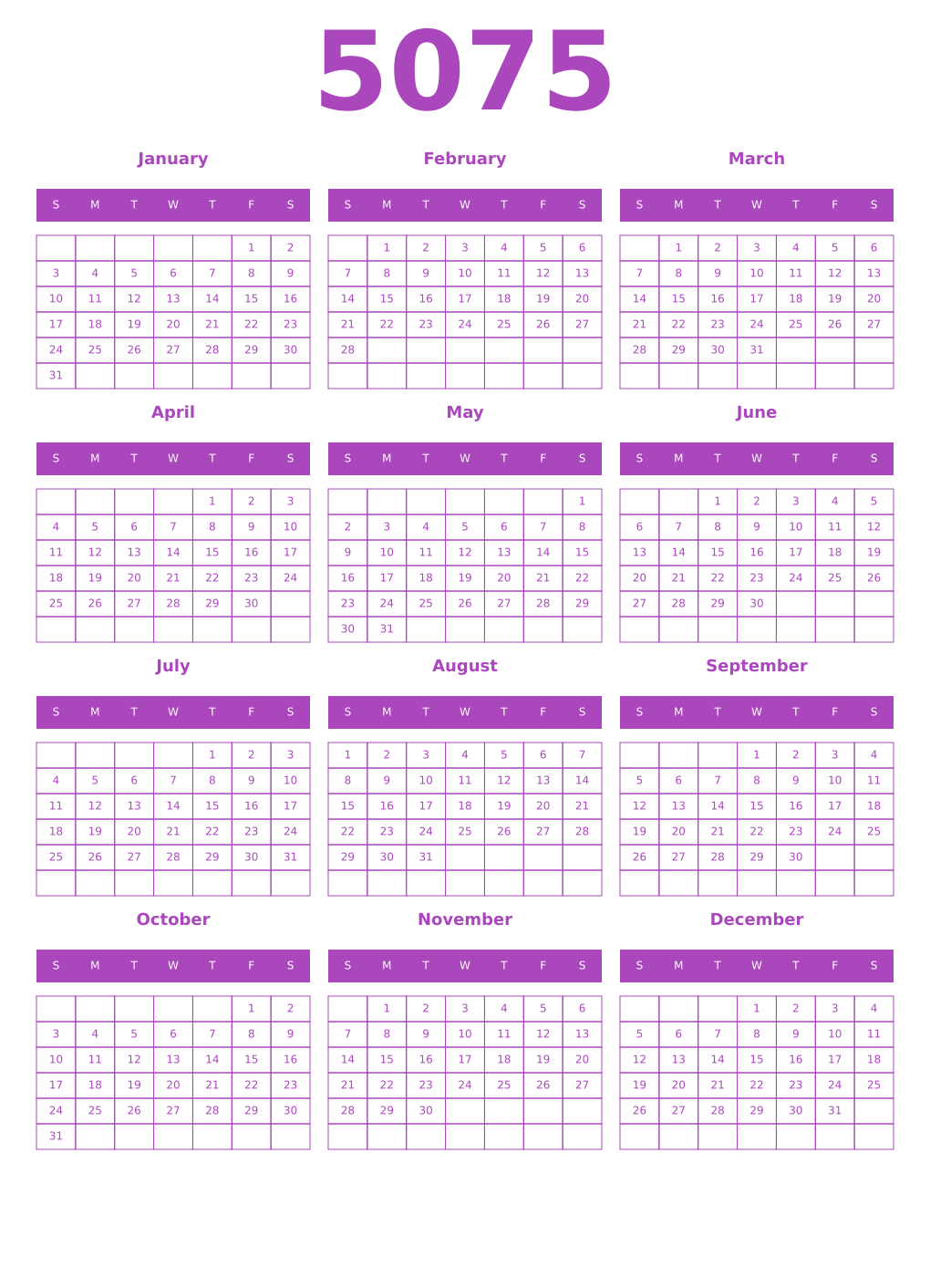 Printable 5075 Year Calendars purple