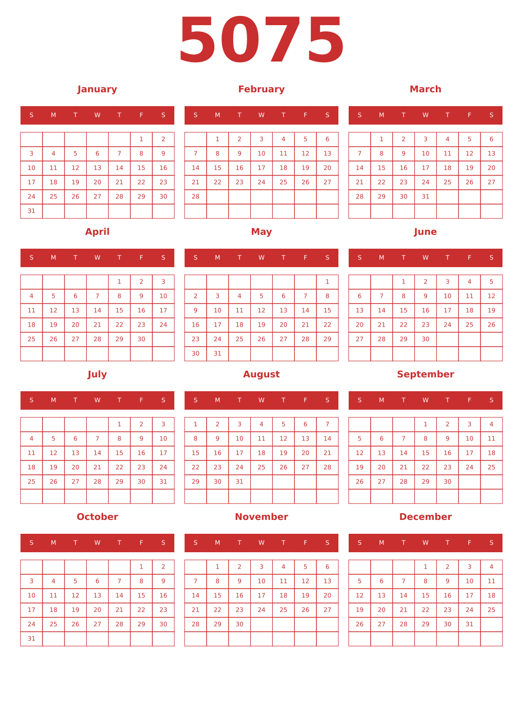 Printable 5075 Year Calendars red