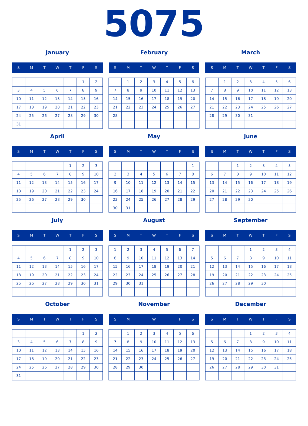 Printable 5075 Year Calendars smalt