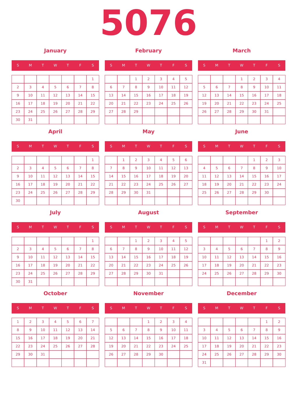 Printable 5076 Year Calendars amaranth