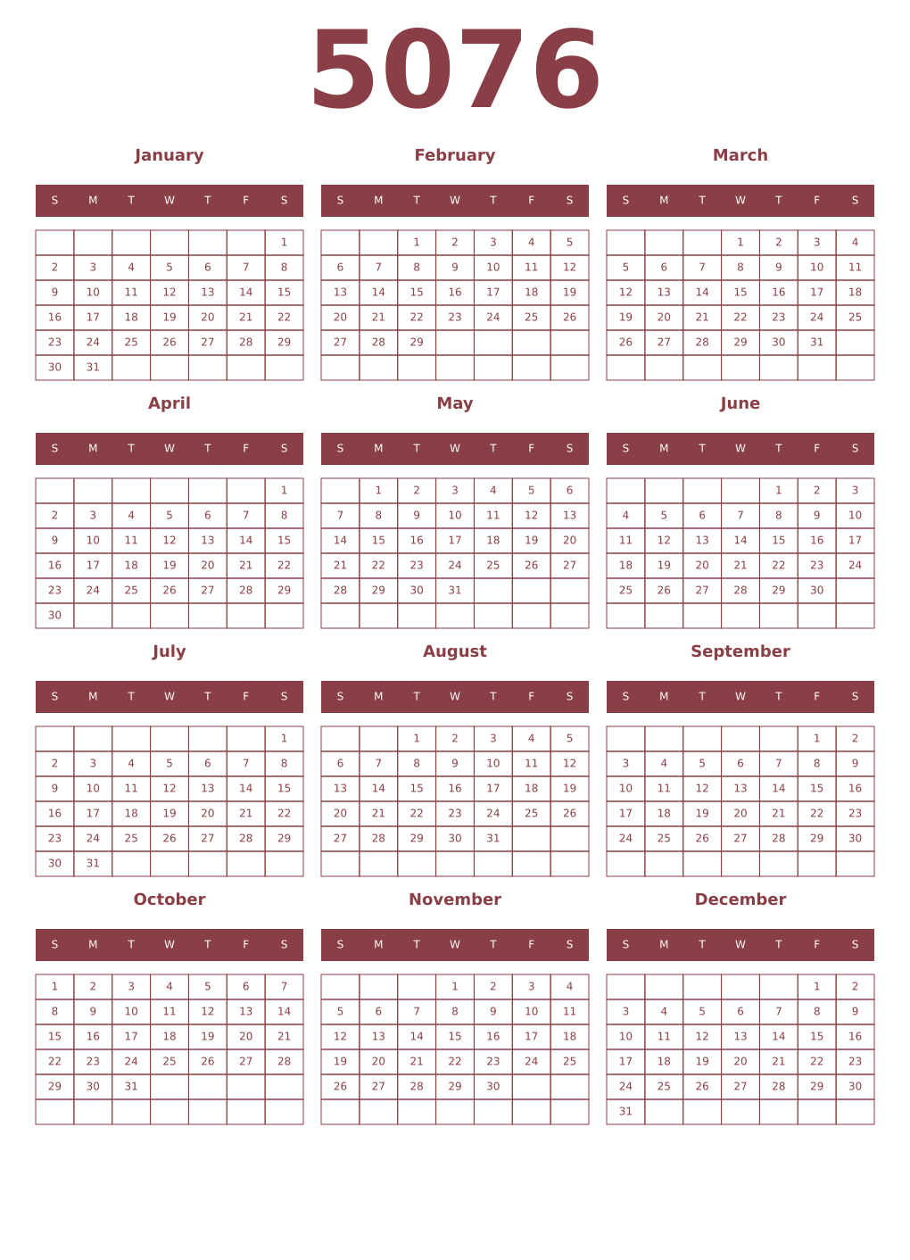 Printable 5076 Year Calendars cordovan