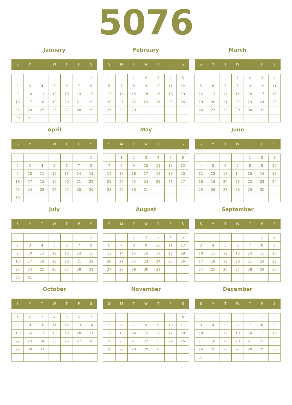 Printable 5076 Year Calendars eburnean
