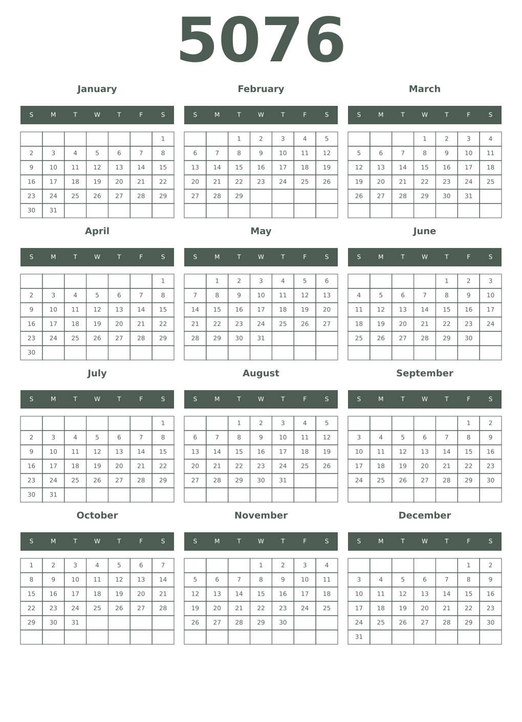 Printable 5076 Year Calendars feldgrau