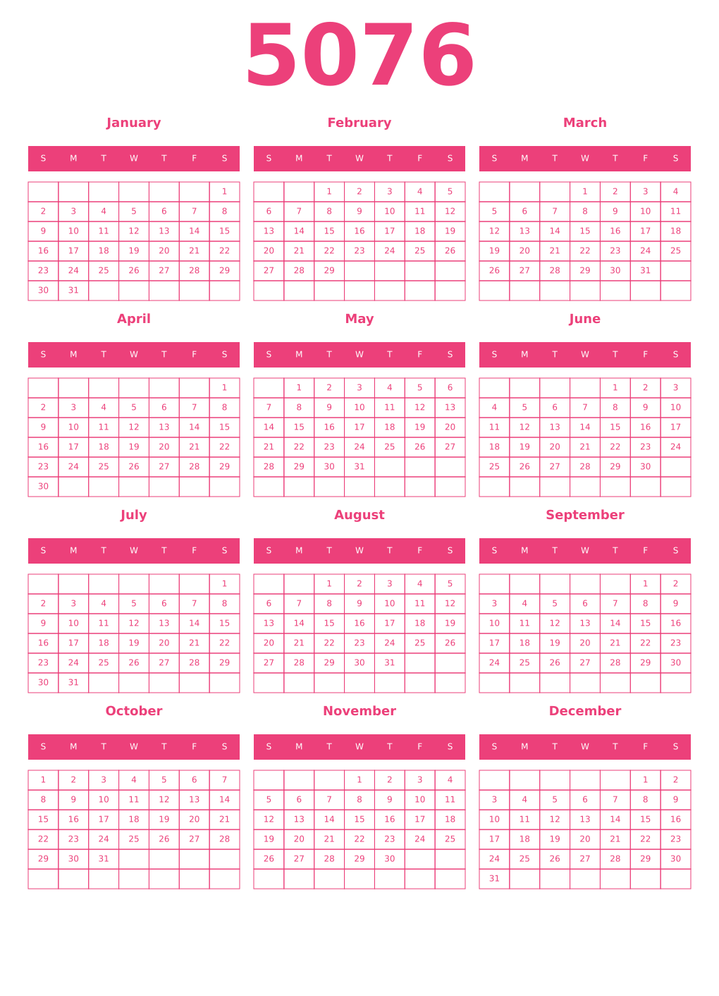Printable 5076 Year Calendars pink
