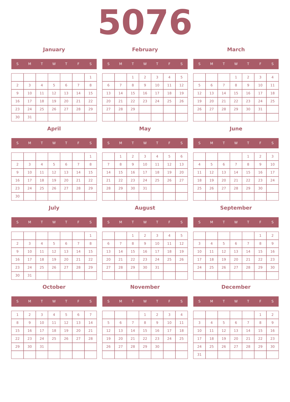 Printable 5076 Year Calendars puce
