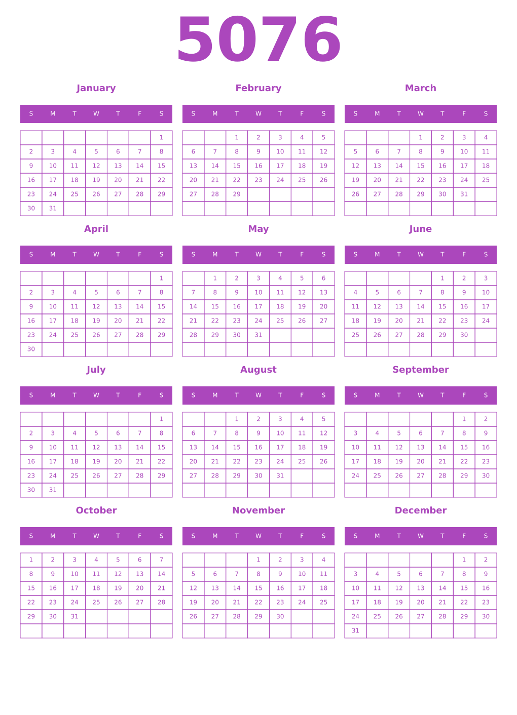 Printable 5076 Year Calendars purple