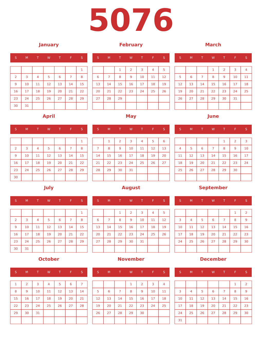 Printable 5076 Year Calendars red