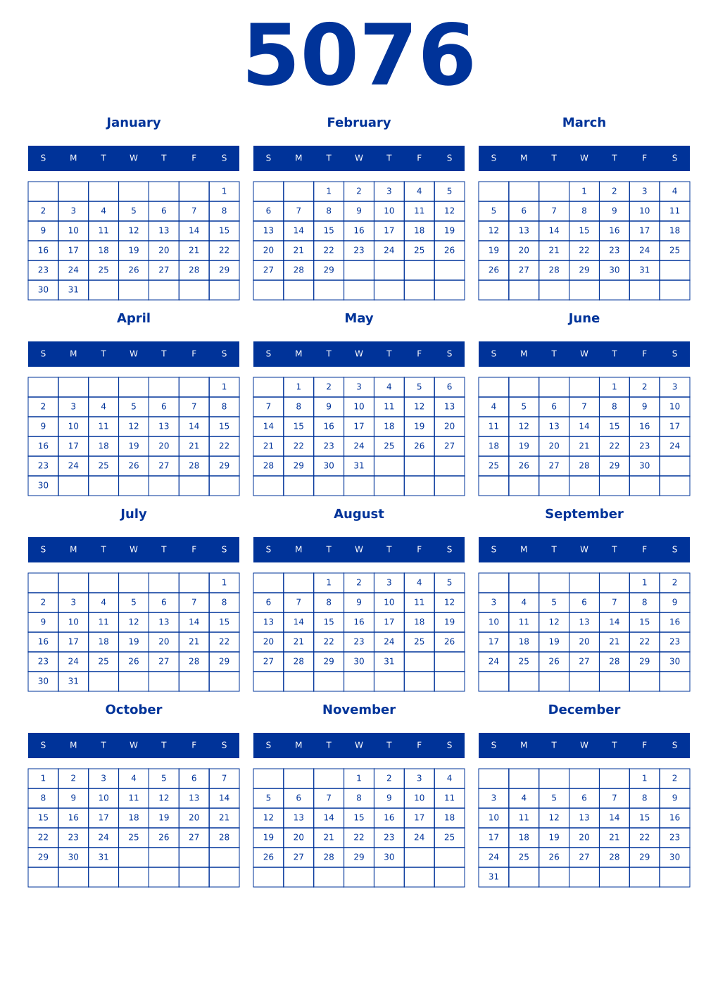 Printable 5076 Year Calendars smalt