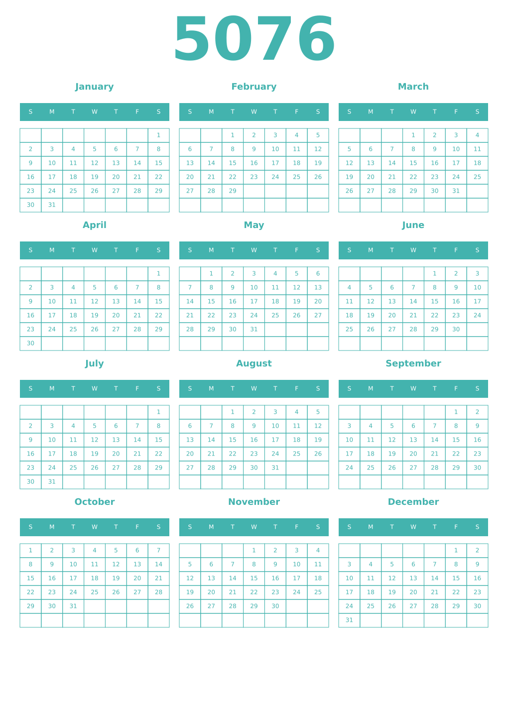 Printable 5076 Year Calendars verdigris