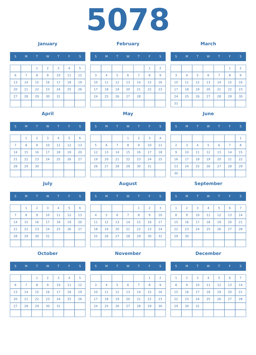 Printable 5078 Year Calendars blue