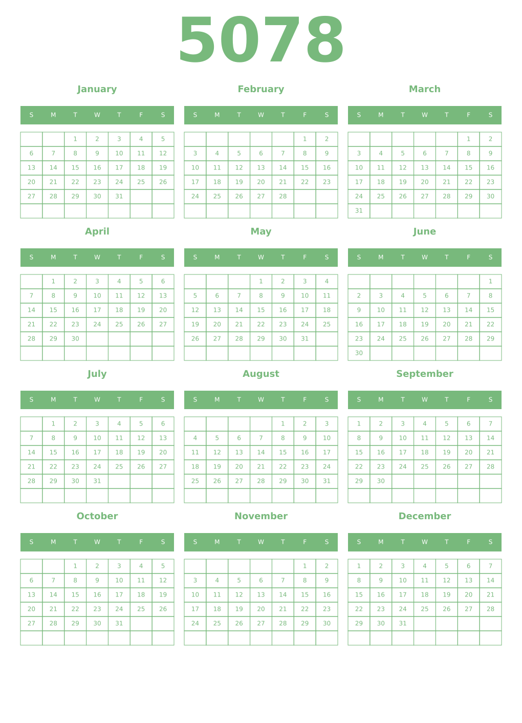 Printable 5078 Year Calendars celadon