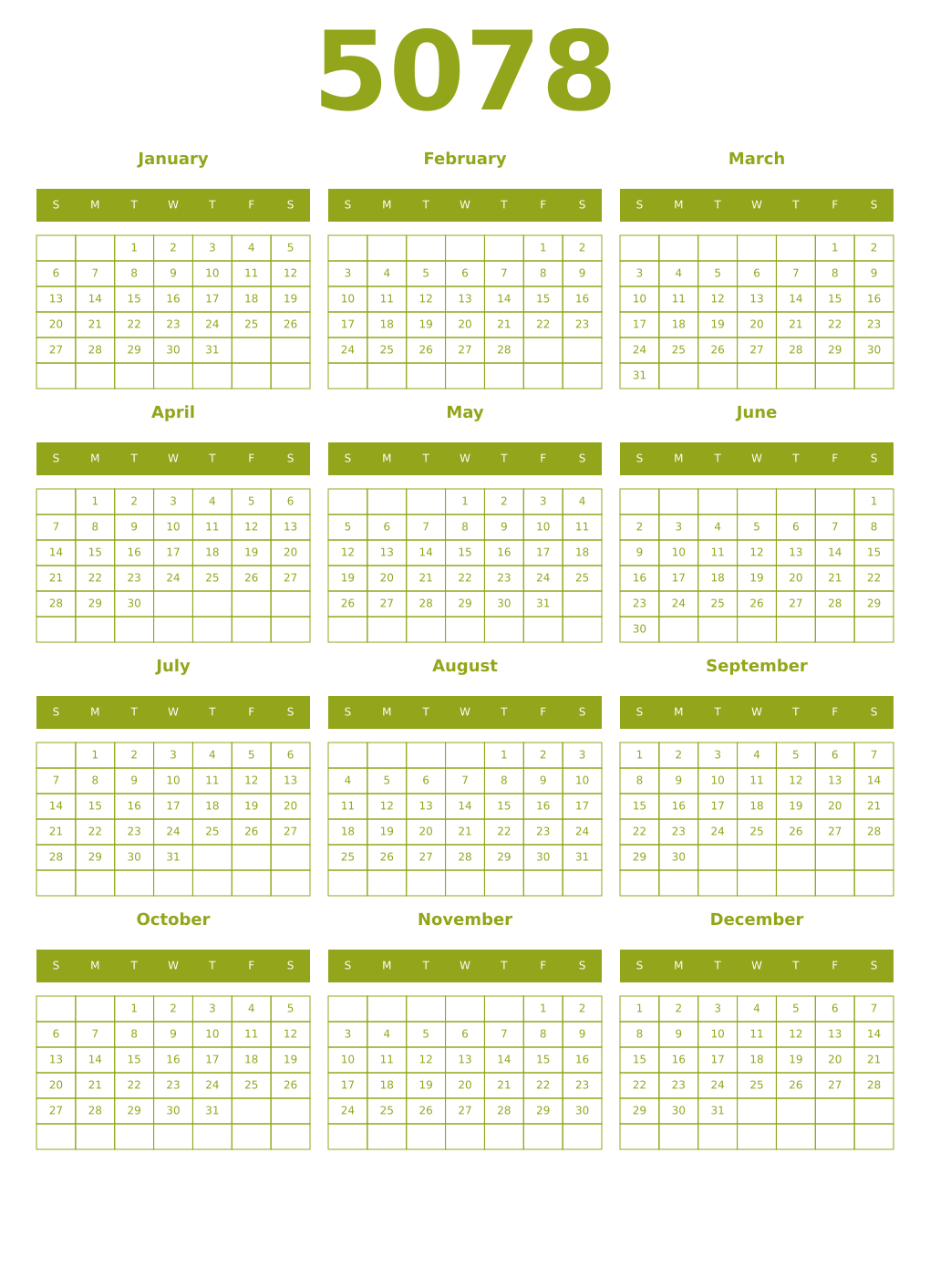 Printable 5078 Year Calendars chartreuse