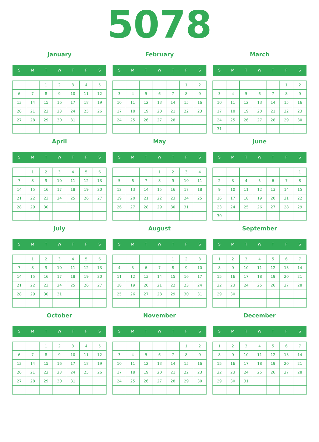 Printable 5078 Year Calendars green