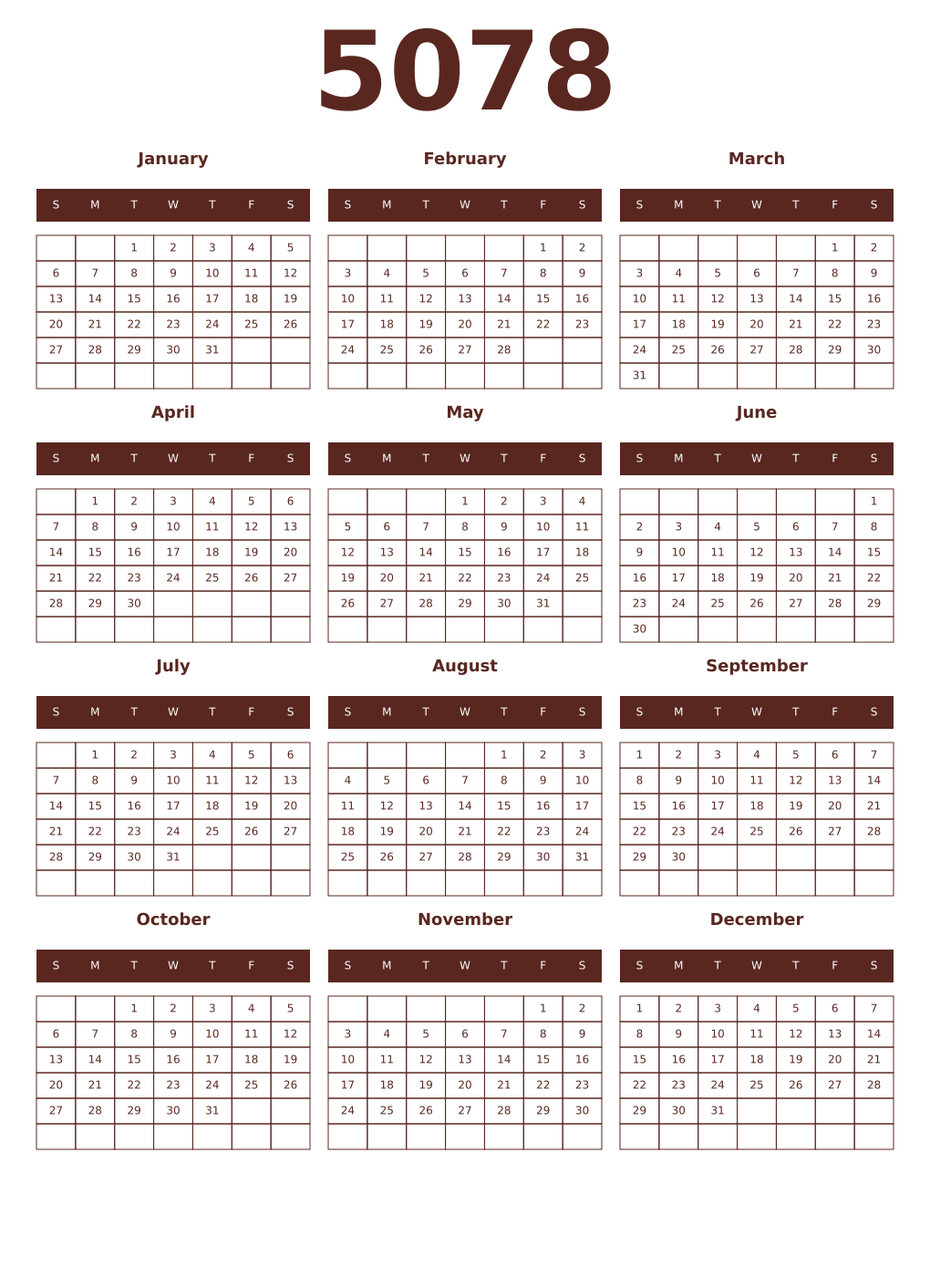 Printable 5078 Year Calendars mortuum