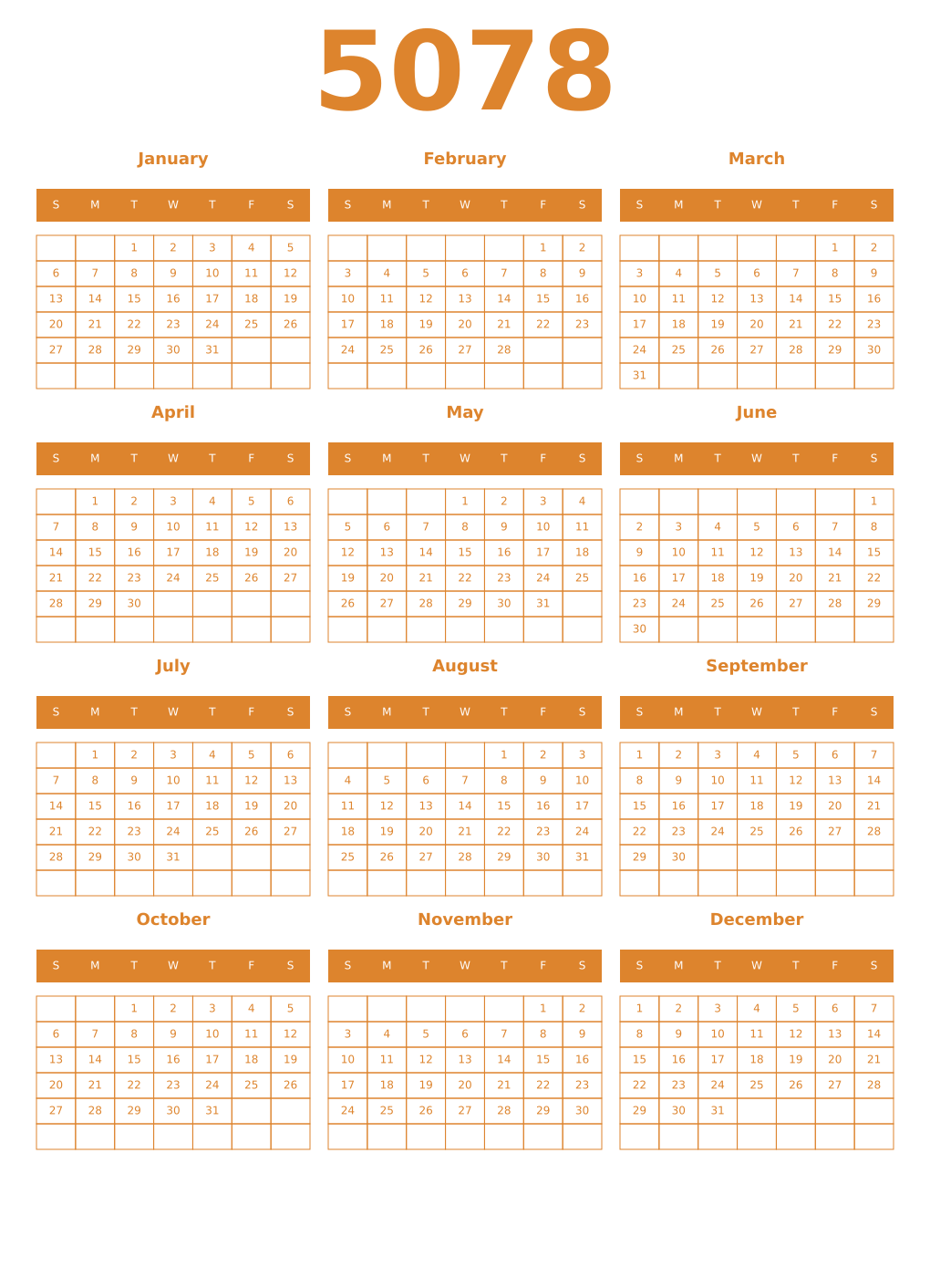 Printable 5078 Year Calendars orange