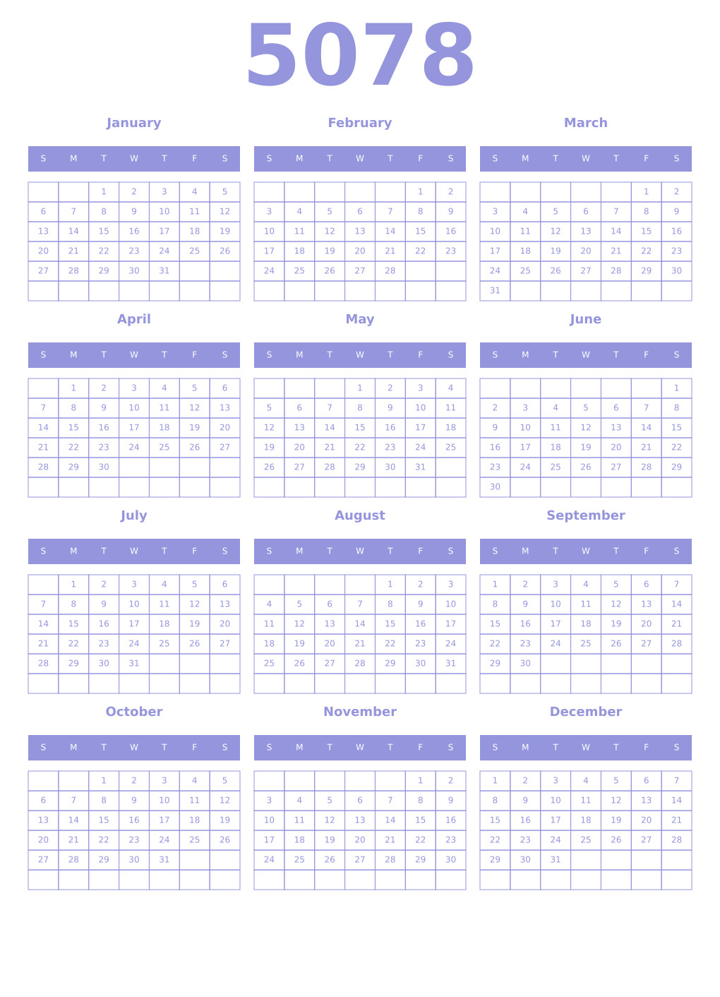 Printable 5078 Year Calendars periwinkle
