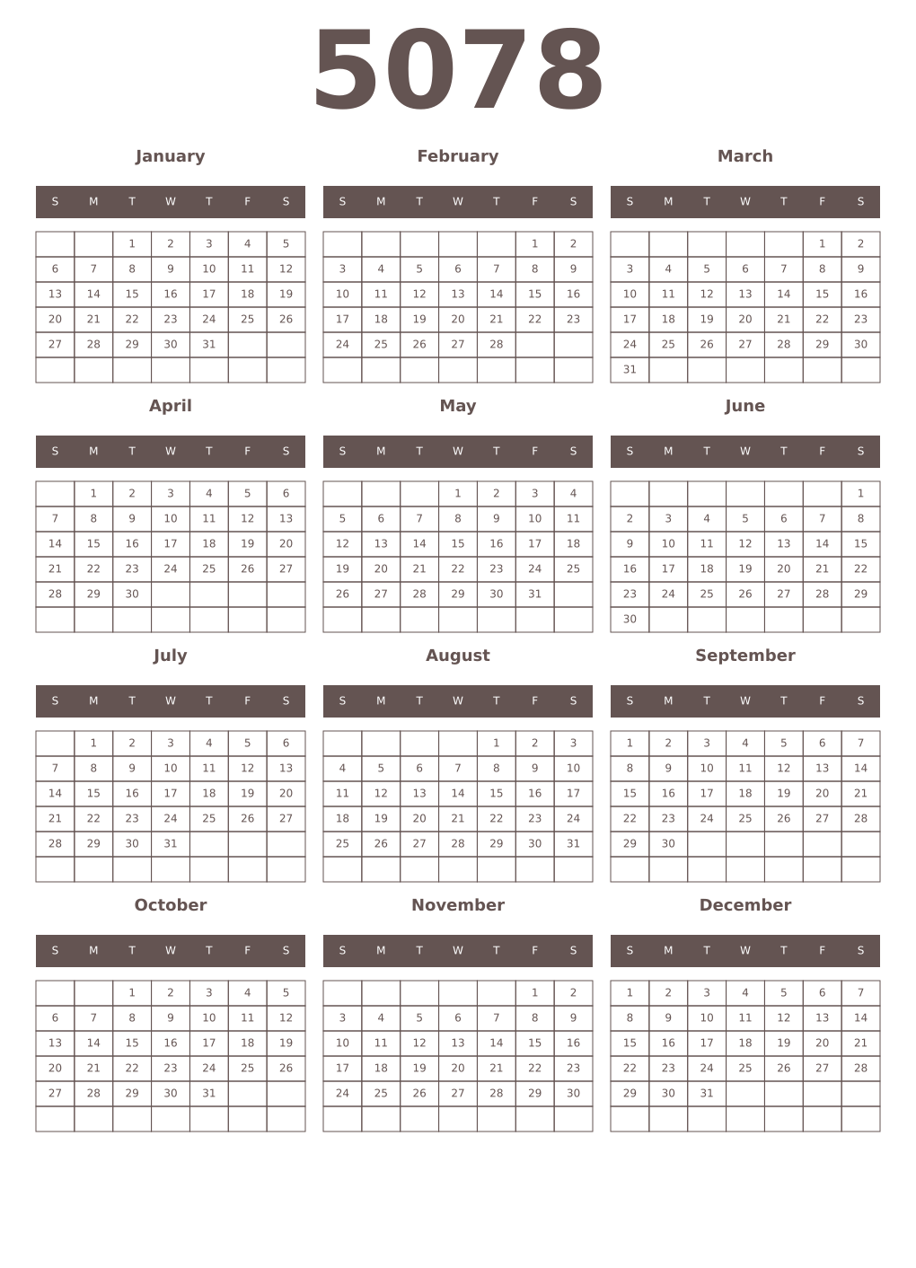 Printable 5078 Year Calendars wenge