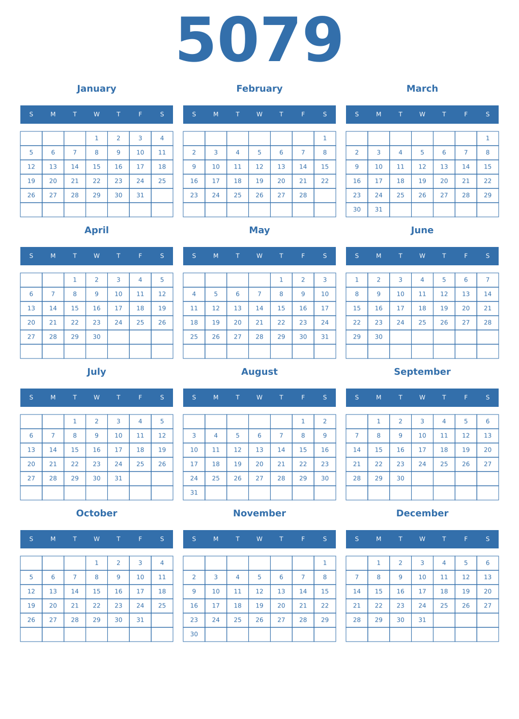 Printable 5079 Year Calendars blue