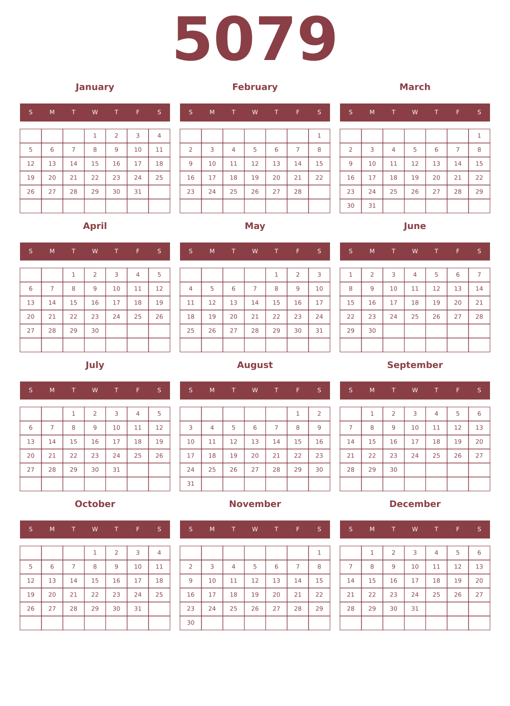 Printable 5079 Year Calendars cordovan
